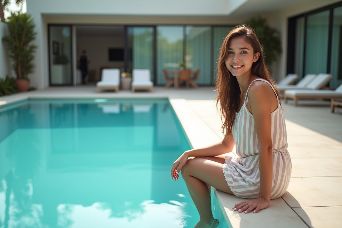 Jeune femme assise au bord de la piscine en epoxy brillant