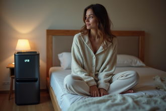 Jeune femme en pyjama près d'un déshumidificateur dans la chambre