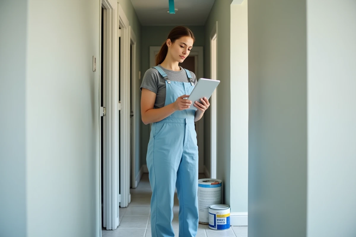 Jeune femme vérifiant un tableau numérique dans un couloir rénové
