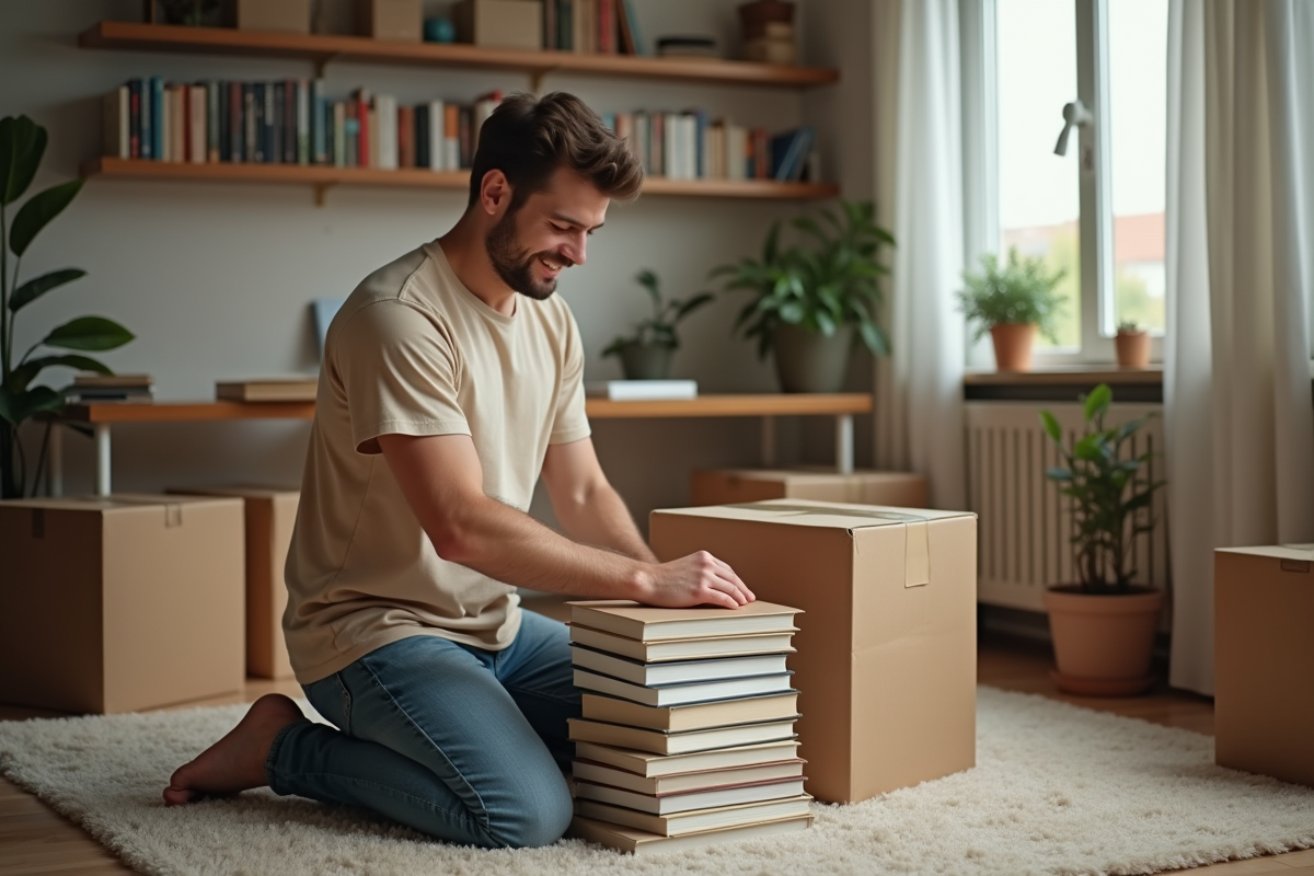 Jeune homme emballant des livres dans un bureau cosy