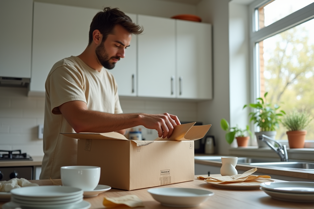 Jeune homme emballant de la vaisselle dans la cuisine