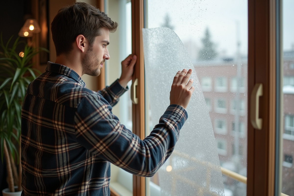 Jeune homme appliquant film isolant sur la fenêtre