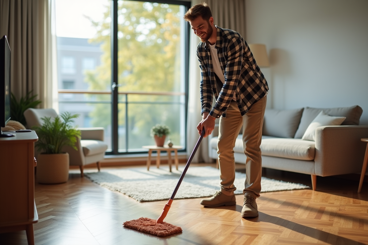 Jeune homme nettoyant un parquet avec un balai microfibre