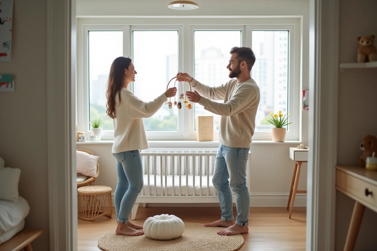 Jeune couple assemble mobile au dessus du lit bébé