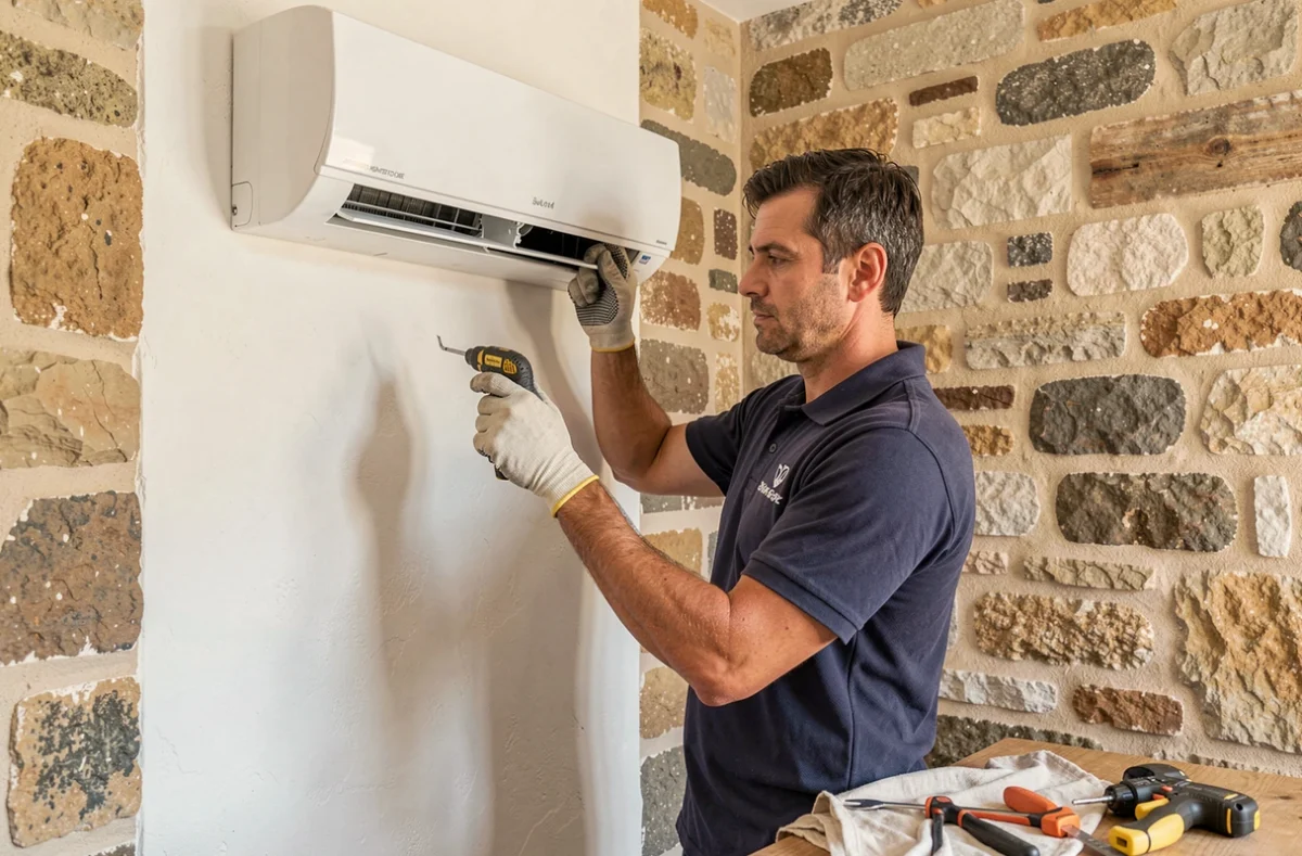 Technicien Klimazen installant une unité intérieure de climatisation dans un appartement des Alpes-Maritimes
