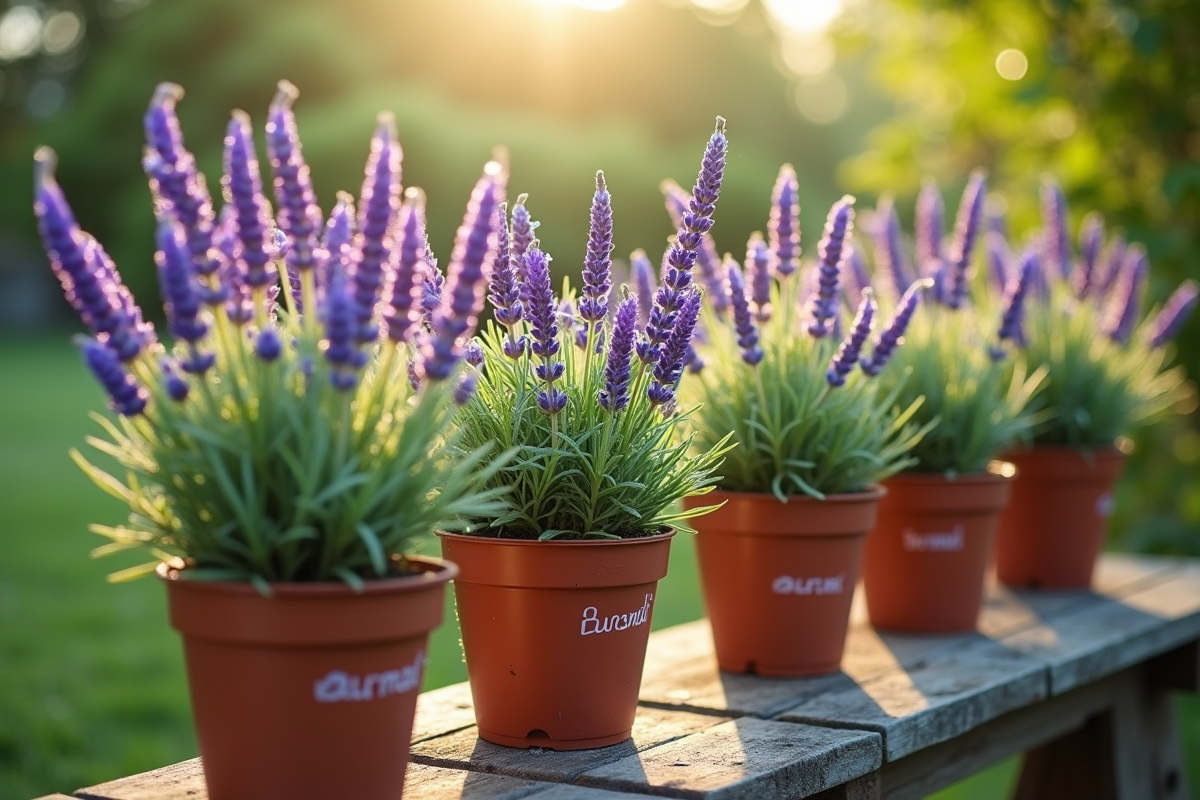 Lavande en pot avec étiquettes dans un jardin au matin