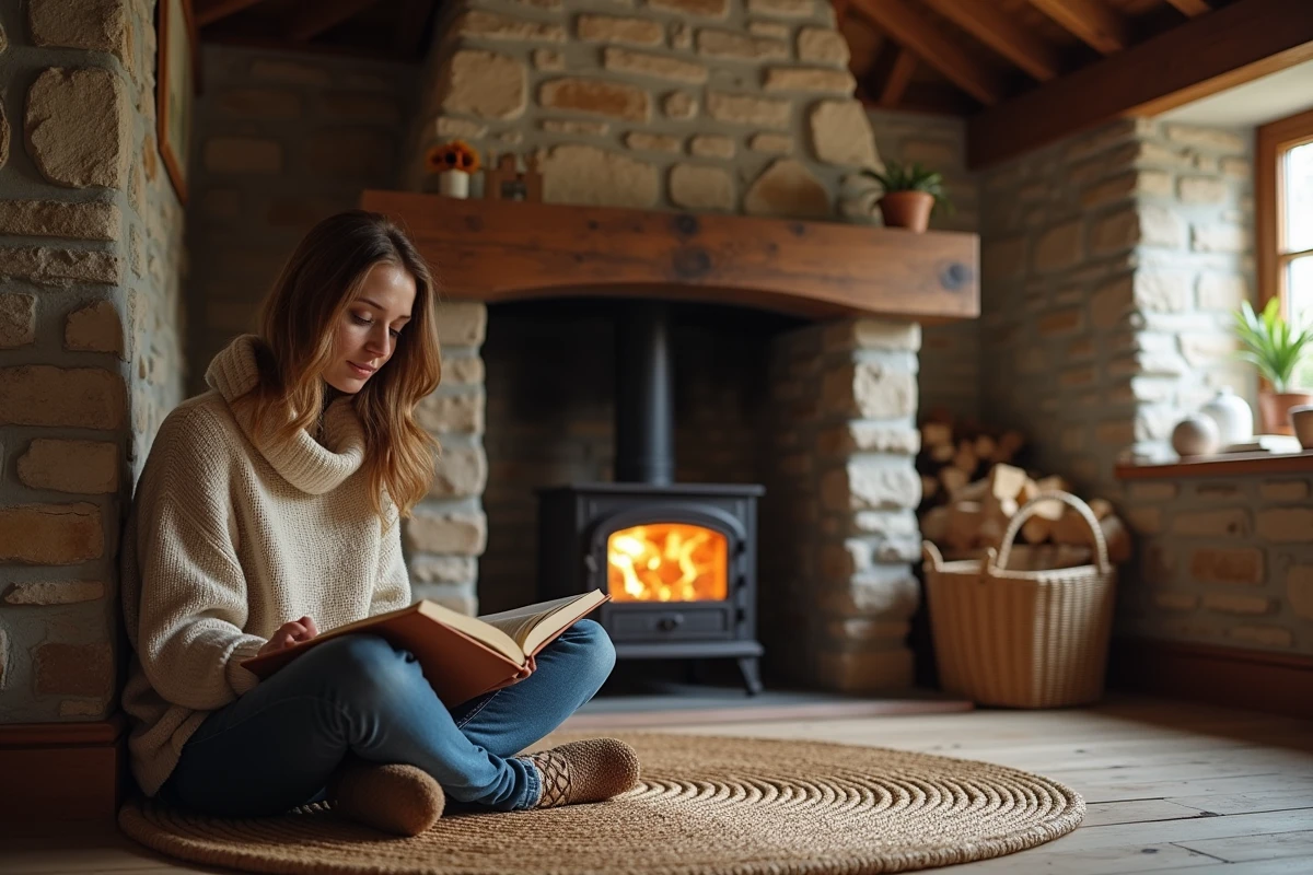 Jeune femme lisant près d’un poêle dans une maison de campagne