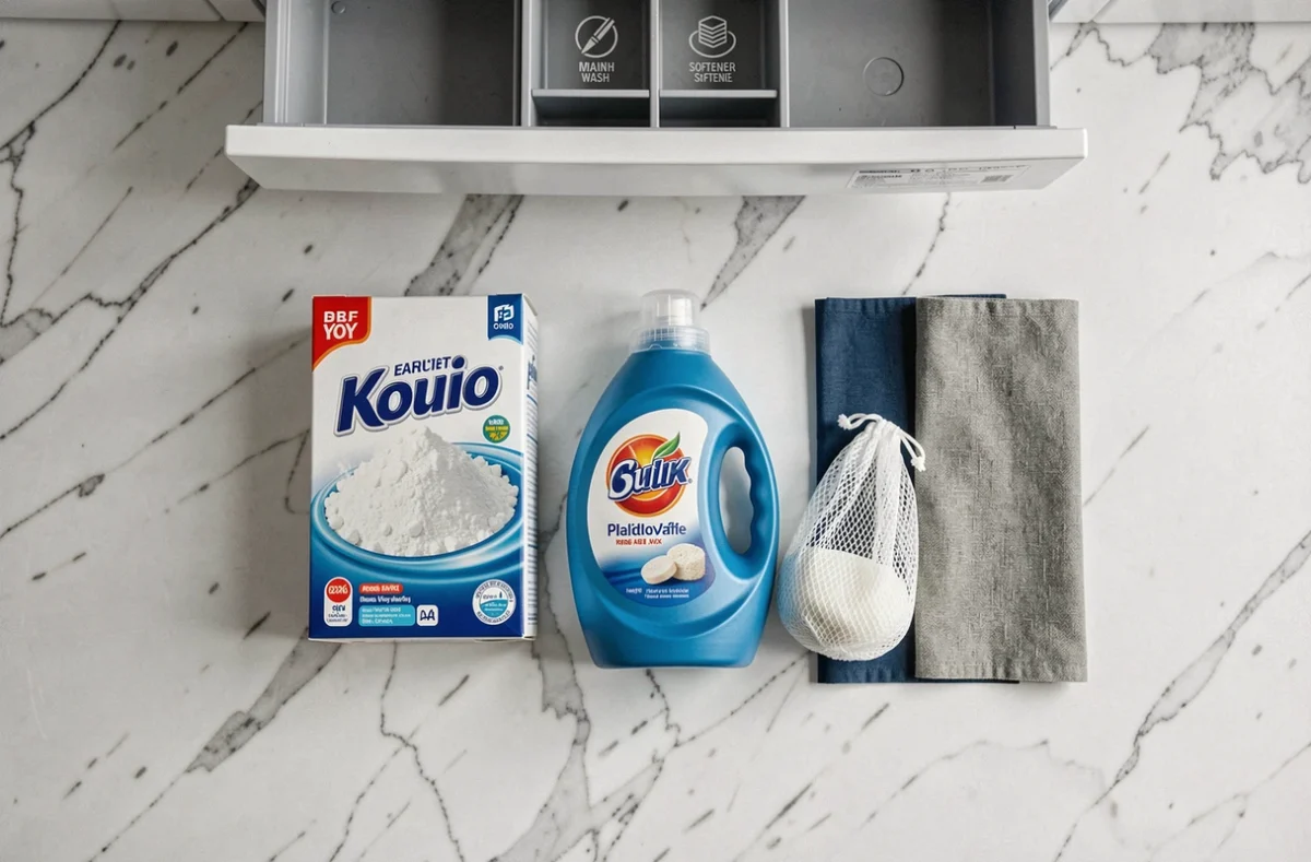 Vue aérienne de lessive liquide, lessive en poudre et différents tissus disposés sur un plan de travail en marbre blanc pour illustrer le choix du bon compartiment