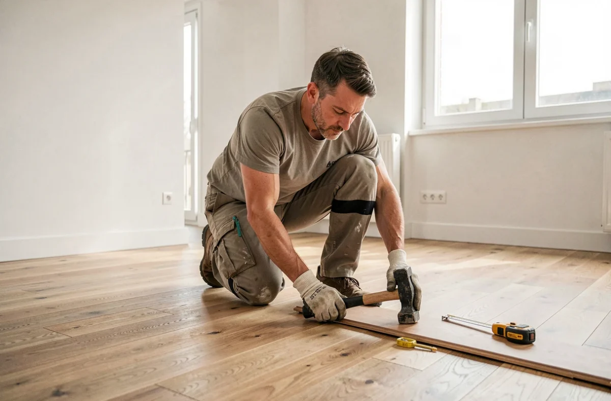 Artisan LM Rénovation posant un parquet dans un appartement à Issy-les-Moulineaux