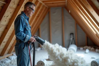 Homme utilisant une souffleuse à ouate de cellulose en location dans un grenier non isolé, posture de travail réaliste