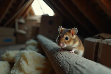 Loir sauvage perché sur une poutre en bois dans un grenier de maison, signe d'infestation nécessitant une dératisation professionnelle