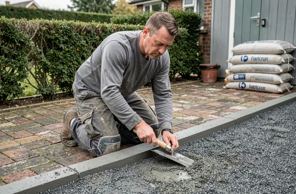 Maçon posant une bordure en béton sur une base de mâchefer dans un jardin en rénovation
