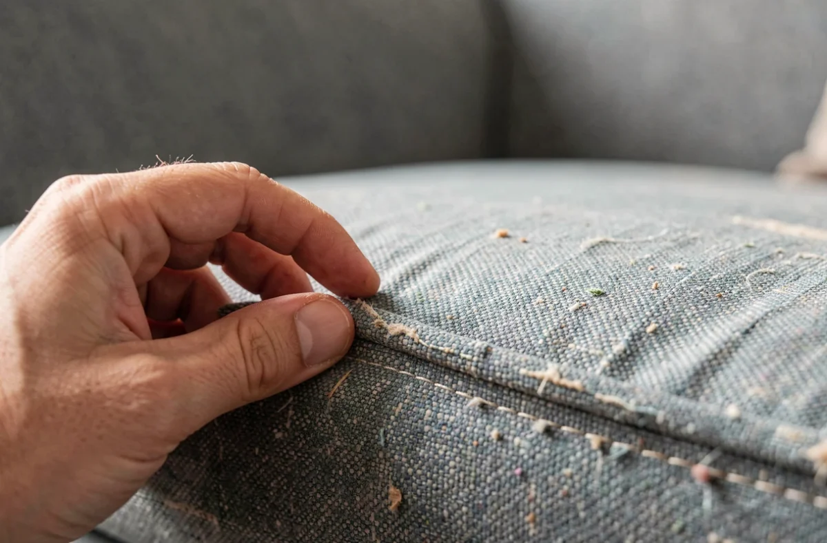 Main inspectant les coutures et le tissu d'un canapé d'occasion