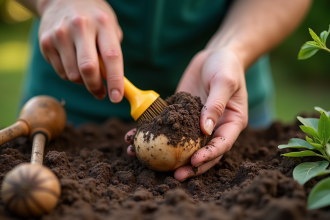 Mains de jardinier nettoyant une tuberose de lilas fraîche