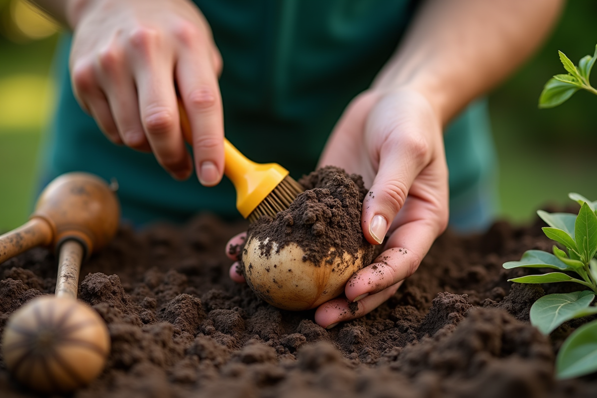 Mains de jardinier nettoyant une tuberose de lilas fraîche