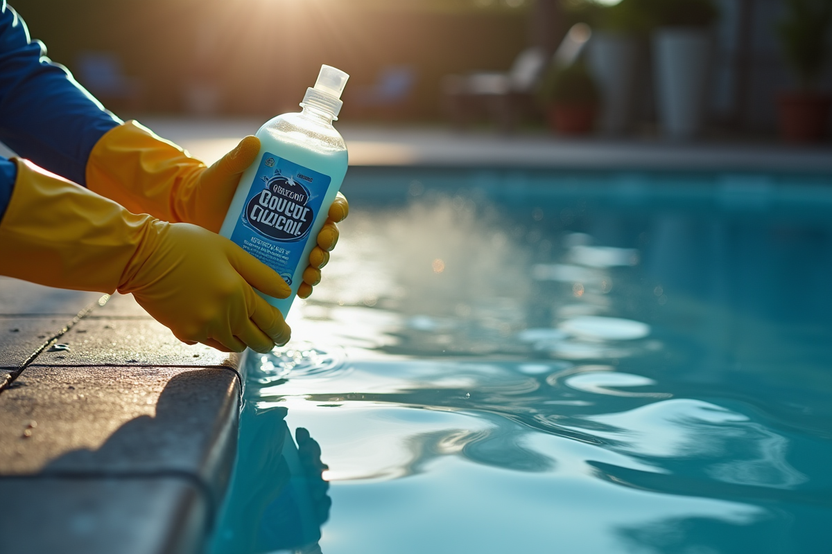 Gants tenant une bouteille de produit d