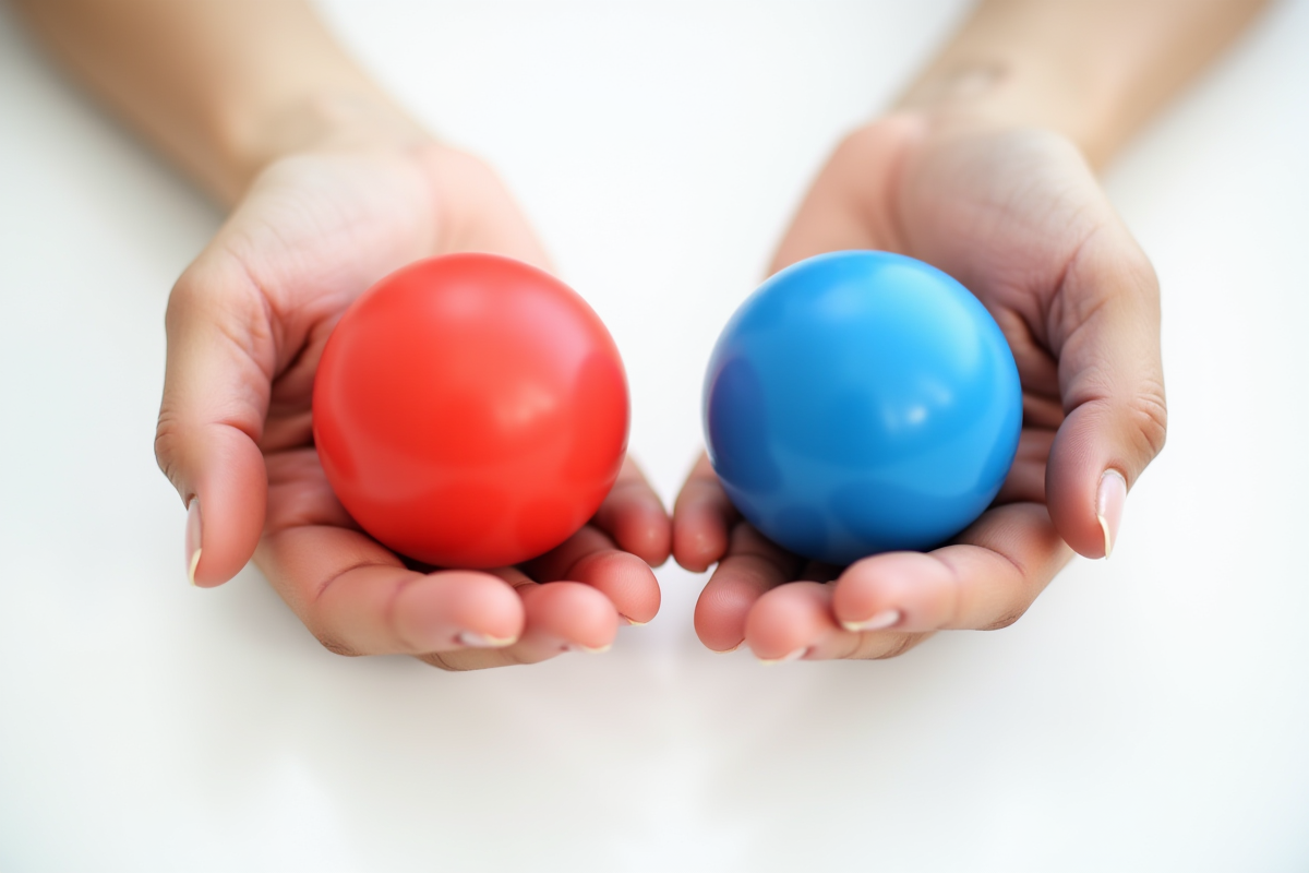 Deux mains tenant des sphères colorées lisses en rouge et bleu