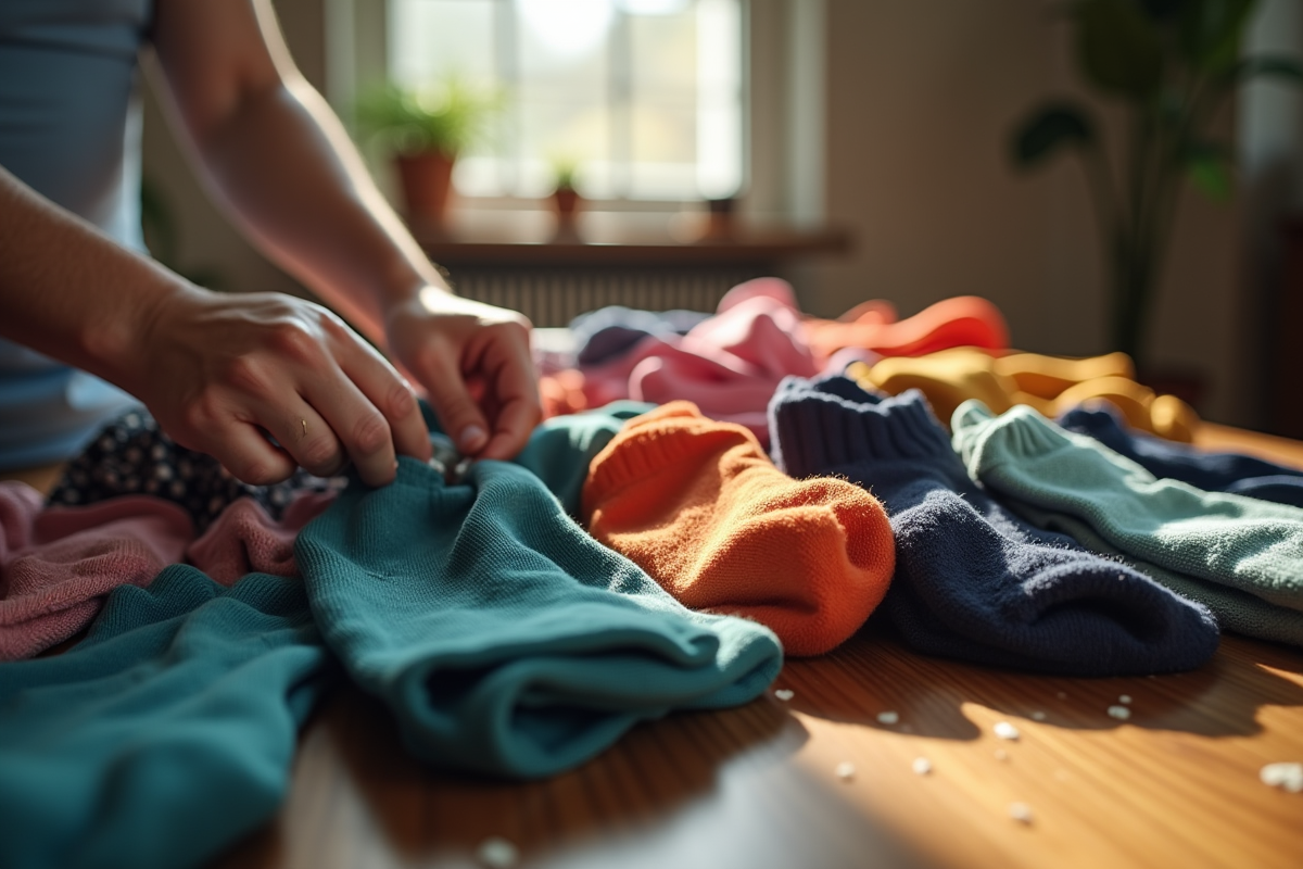 Mains triant des chaussettes colorées sur une table en bois