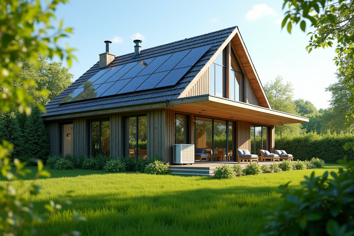 Maison écologique avec panneaux solaires et paysage vert