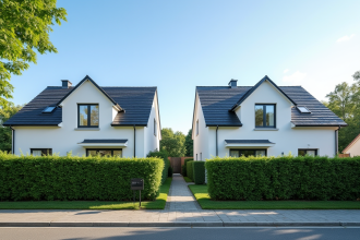Deux maisons modernes séparées par une haie verte en banlieue française