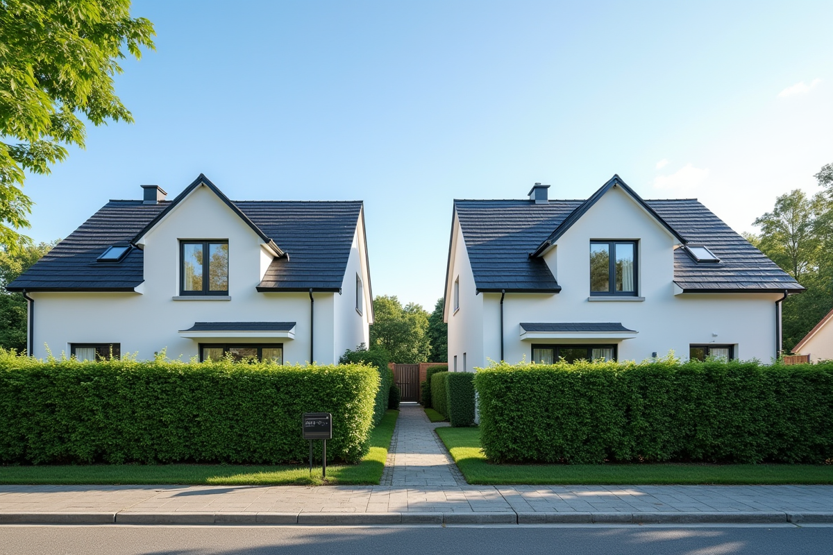 Deux maisons modernes séparées par une haie verte en banlieue française