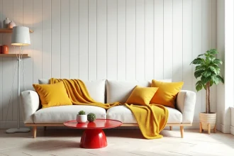 Salon scandinave avec touches de design pop, canapé en bois clair, table d'appoint rouge brillante et accents colorés pastels