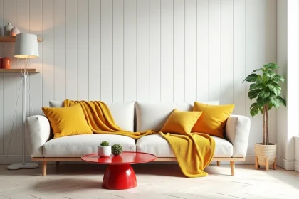 Salon scandinave avec touches de design pop, canapé en bois clair, table d'appoint rouge brillante et accents colorés pastels
