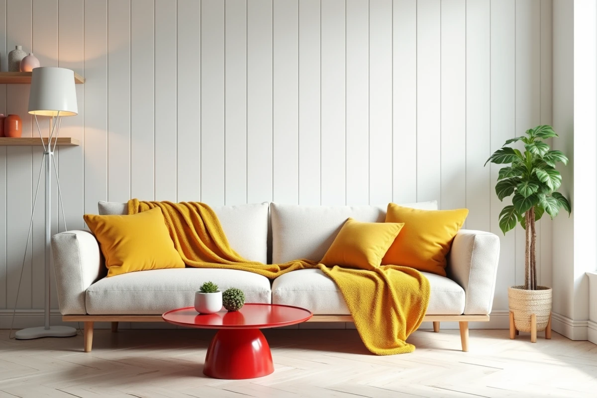 Salon scandinave avec touches de design pop, canapé en bois clair, table d'appoint rouge brillante et accents colorés pastels