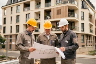 Équipe de professionnels de la rénovation devant un immeuble moderne des Hauts-de-Seine