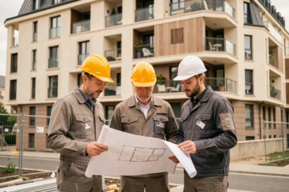 Équipe de professionnels de la rénovation devant un immeuble moderne des Hauts-de-Seine