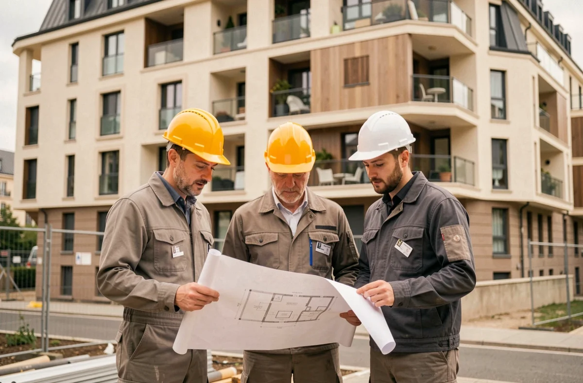 Équipe de professionnels de la rénovation devant un immeuble moderne des Hauts-de-Seine
