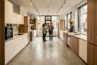 Showroom de cuisinistes dans l'Orne avec plusieurs modèles de cuisines exposés et un couple accompagné d'un conseiller