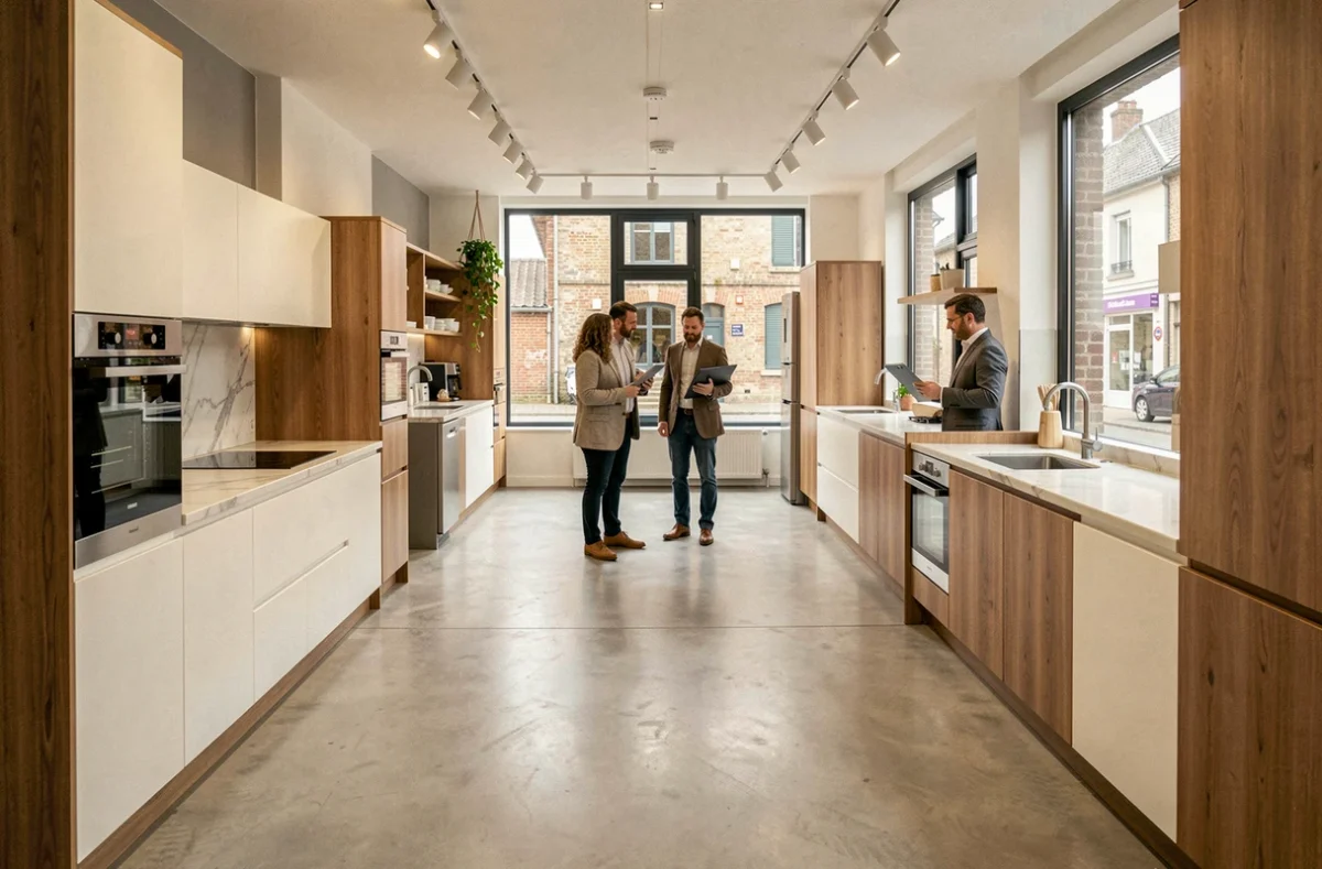 Showroom de cuisinistes dans l'Orne avec plusieurs modèles de cuisines exposés et un couple accompagné d'un conseiller