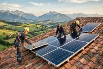 Équipe d'installateurs de panneaux solaires en Auvergne-Rhône-Alpes travaillant sur un toit avec un paysage régional en arrière-plan
