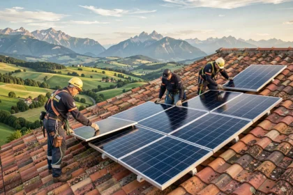 Équipe d'installateurs de panneaux solaires en Auvergne-Rhône-Alpes travaillant sur un toit avec un paysage régional en arrière-plan