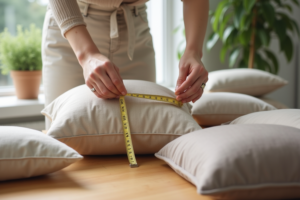 Mains d'une femme mesurant un coussin décoratif avec un ruban