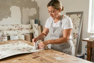 Femme mesurant et découpant un rouleau de papier peint à motifs floraux sur une table de travail en bois lors de travaux de décoration intérieure