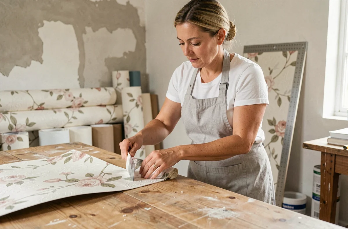 Femme mesurant et découpant un rouleau de papier peint à motifs floraux sur une table de travail en bois lors de travaux de décoration intérieure