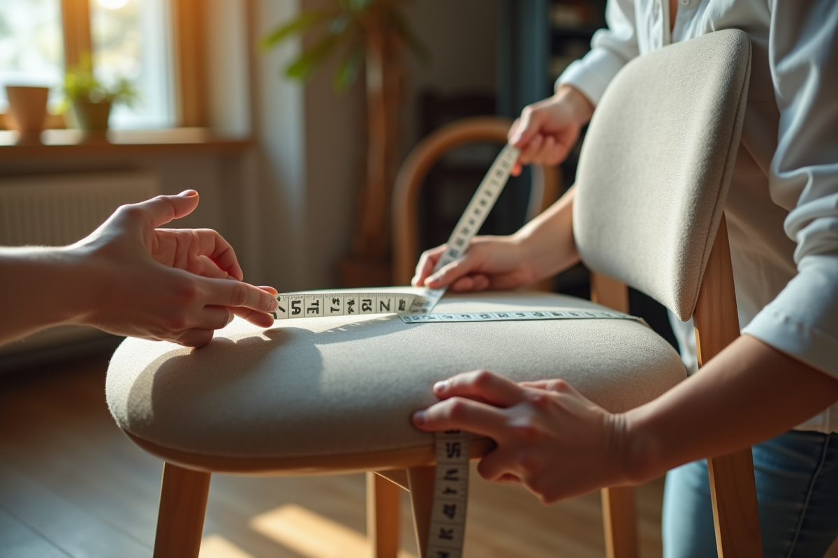 Personne mesurant un fauteuil avec un ruban souple naturel