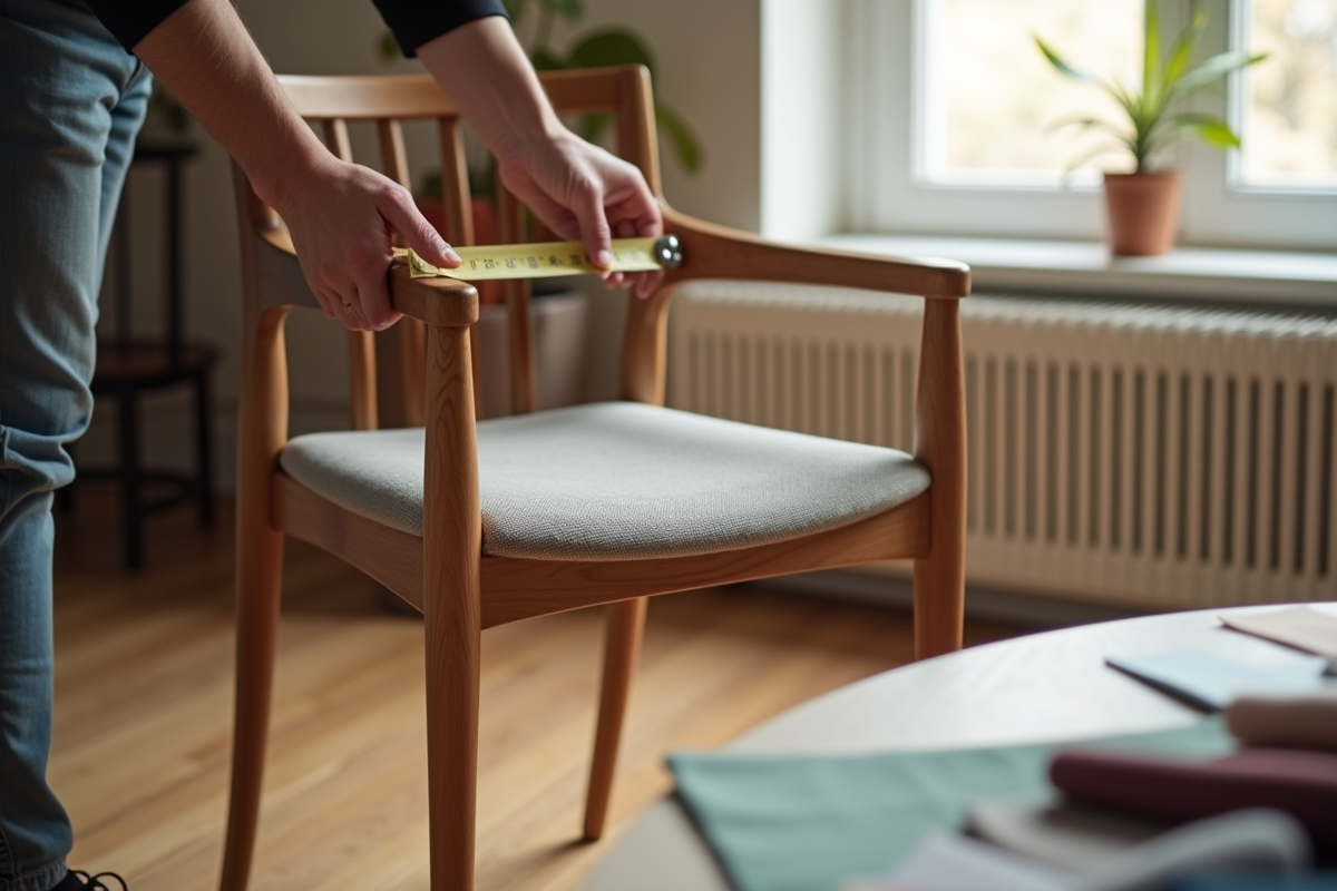 Personne mesurant un fauteuil avec un mètre ruban en journée