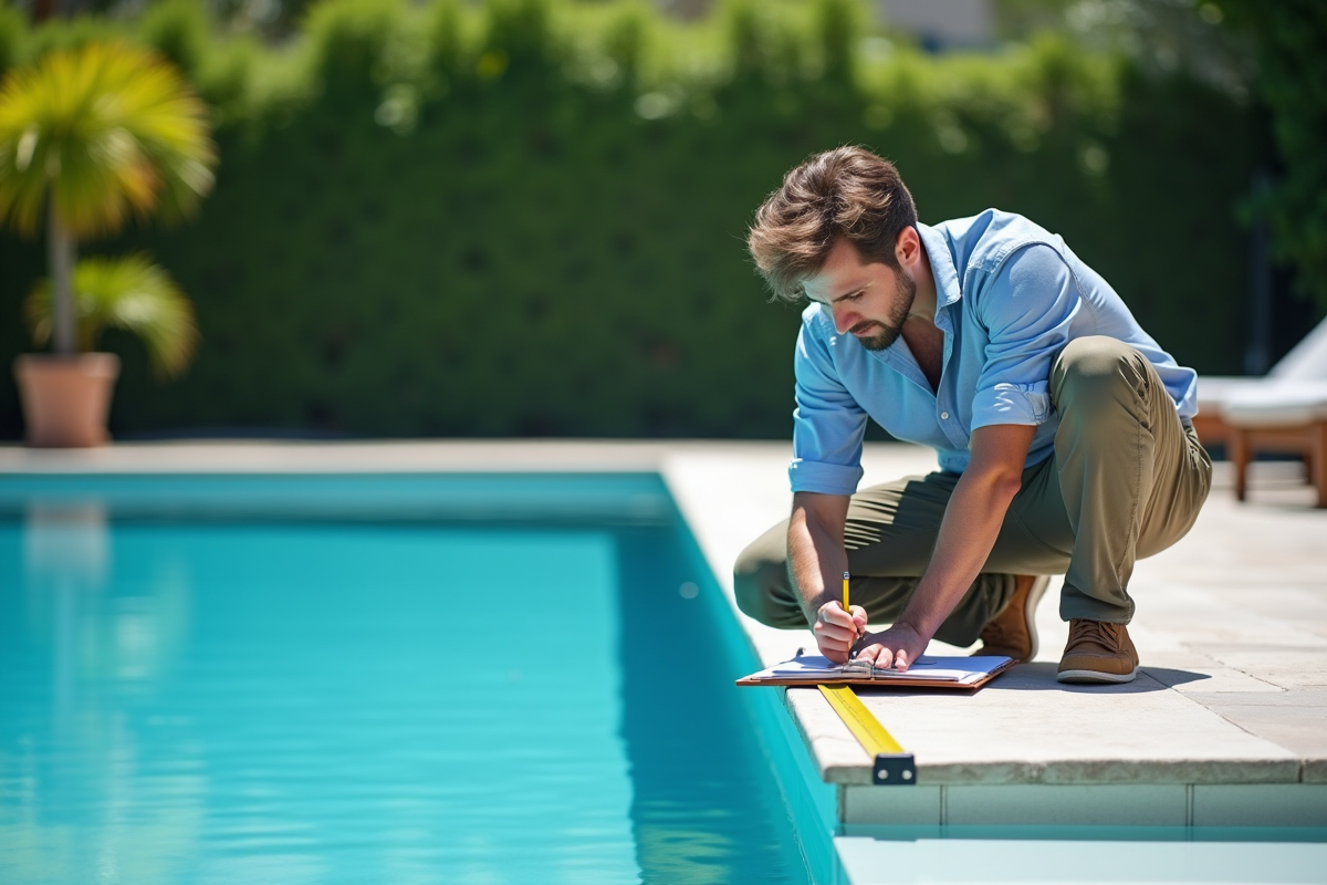 Professionnel mesurant une piscine extérieure en été