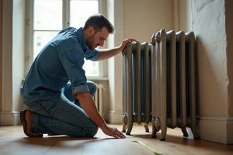 Homme mesurant un radiateur en fonte ancien dans un appartement lumineux