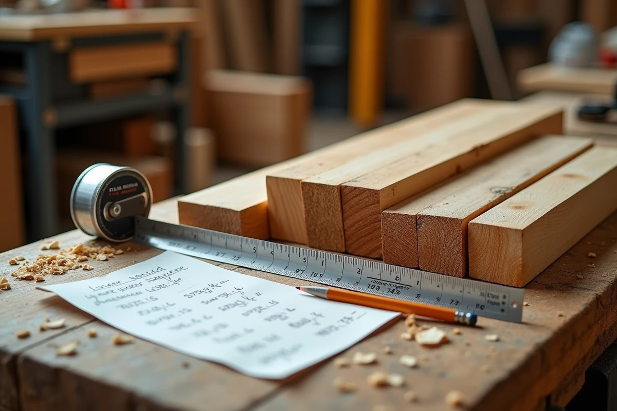 Gros plan sur un mètre ruban et des calculs manuscrits de conversion mètres linéaires en m2 sur un établi de menuisier