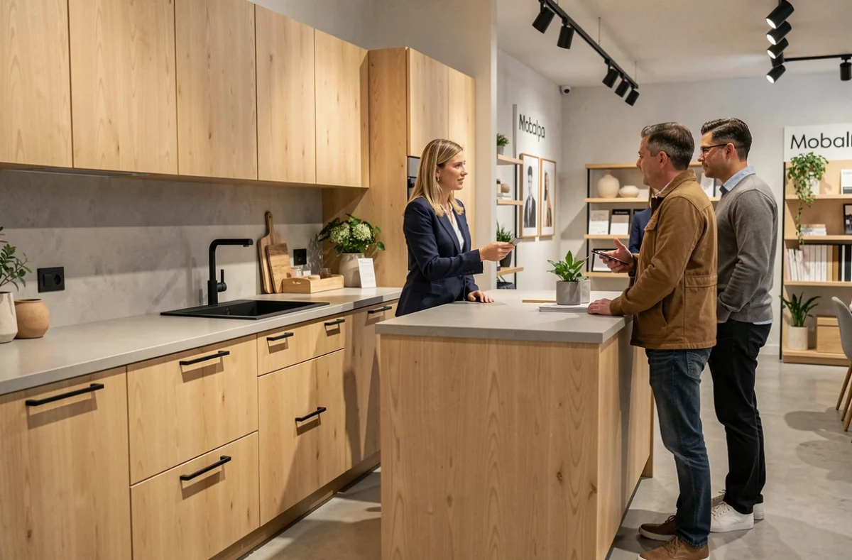 Cuisine Mobalpa en bois de bouleau naturel avec quincaillerie noire mate présentée dans un showroom de l'Orne