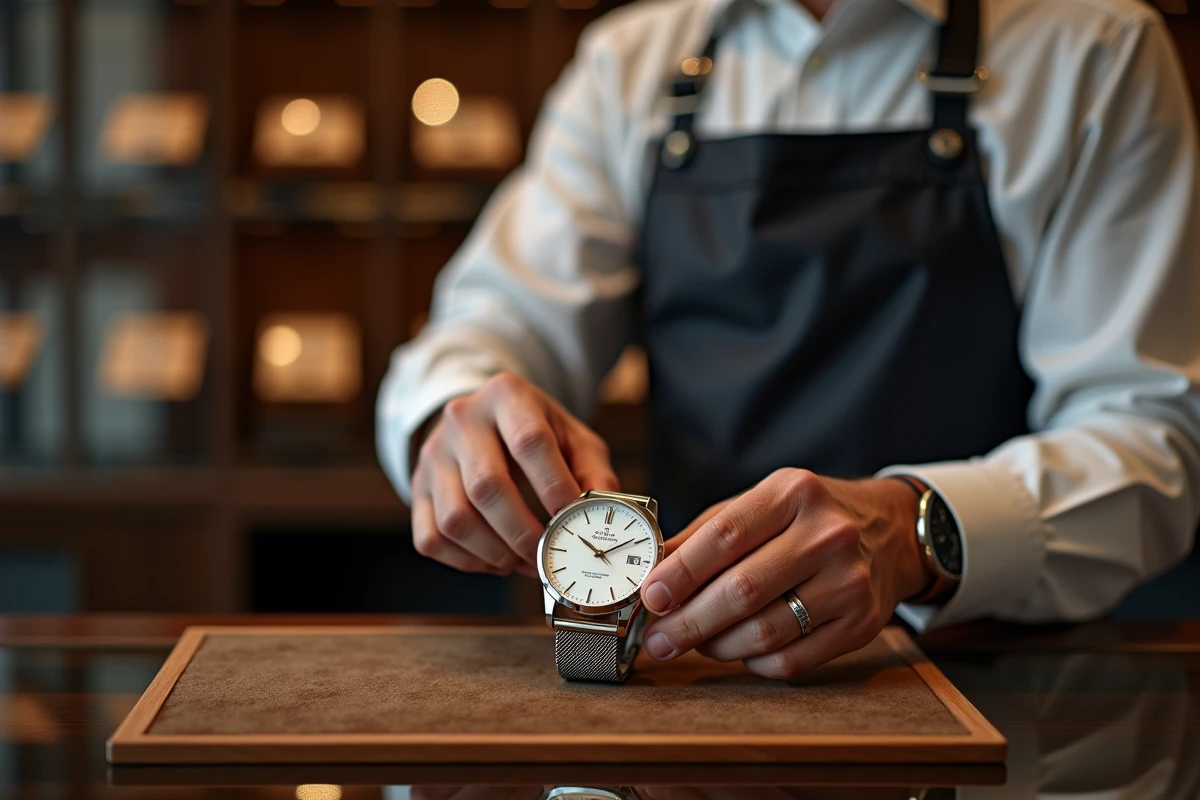 Montre de luxe d'occasion posée sur un plateau de velours dans une boutique de dépôt-vente à Caen