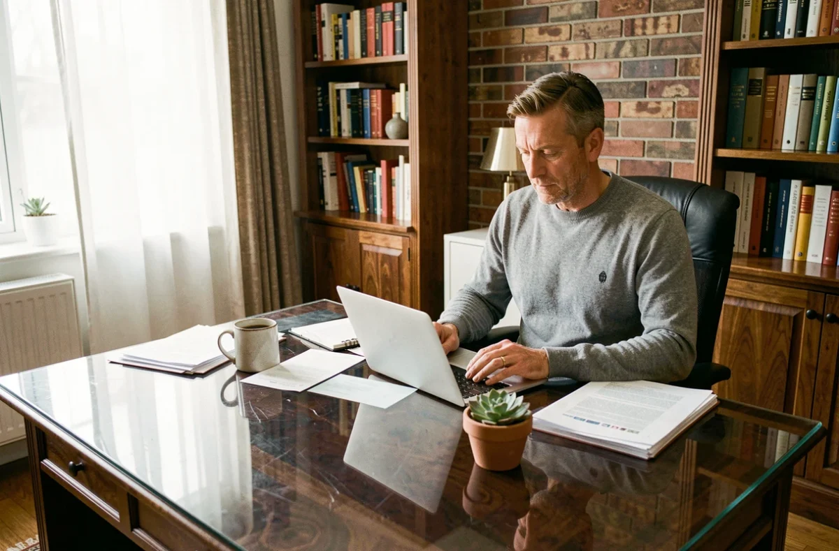 Homme travaillant à un bureau en noyer recouvert d'une nappe sur mesure transparente dans un bureau à domicile avec bibliothèque