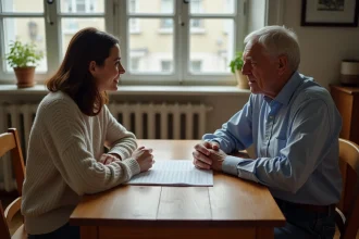 Locataire et propriétaire en discussion autour d'un document concernant le double vitrage dans un appartement