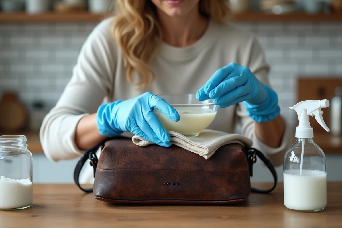 Femme utilisant du vinaigre blanc et un chiffon en coton pour nettoyer un sac en cuir moisi sans produits chimiques