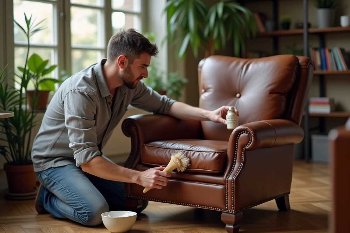 Homme nettoyant une tache de moisissure sur un fauteuil en cuir cognac avec une brosse naturelle et du bicarbonate de soude