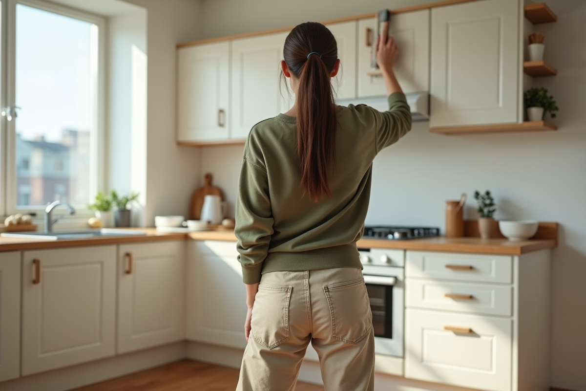 Jeune femme nettoyant taches de salpetre sur mur intérieur